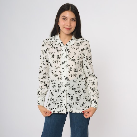 70s Botanical Shirt White Black Floral Print Vintage Long Sleeve Button Down Wildflower Nature Cotton Groovy Hippie Bohemian Medium M