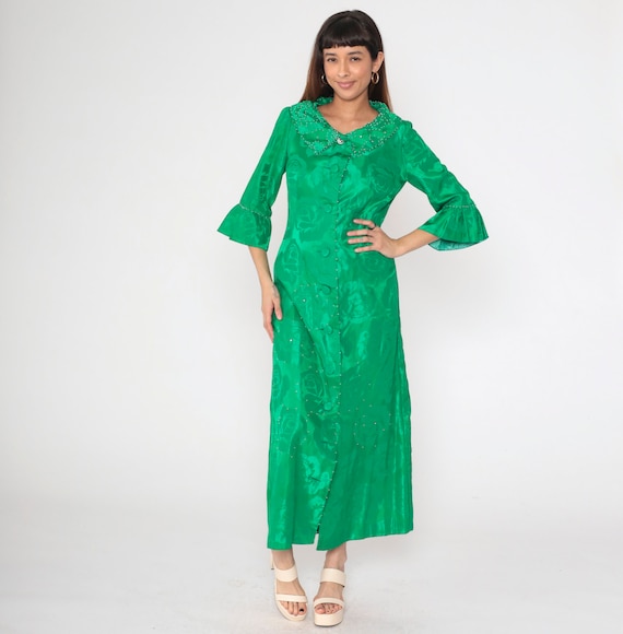 60s Green Jacquard Floral Dress Pearl Beaded Embellishments Peter Pan Collar Evening Party Vintage Button Up Maxi 3/4 Bell Sleeve Small S