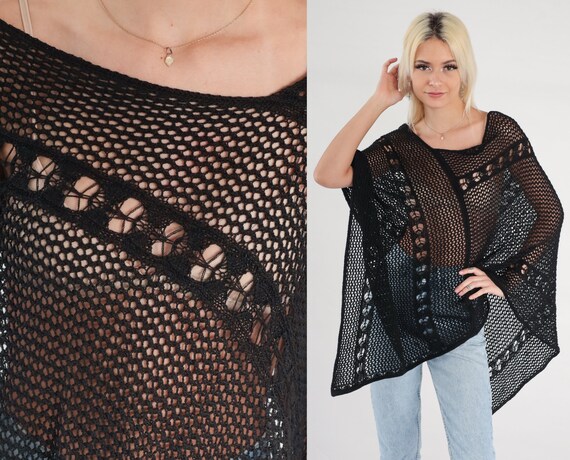 Sheer Crochet Poncho Black Sheer Cape Shawl Boho … - image 1