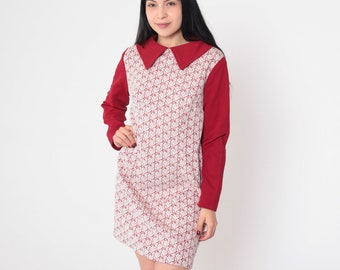 Red Heart Dress 70s Mod Mini Dress Long Sleeve Collared Shift Floral Rose Hearts Print Layered Day Retro Seventies Vintage 1970s Medium M