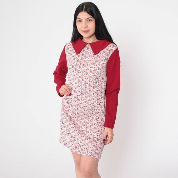 Red Heart Dress 70s Mod Mini Dress Long Sleeve Collared Shift Floral Rose Hearts Print Layered Day Retro Seventies Vintage 1970s Medium M