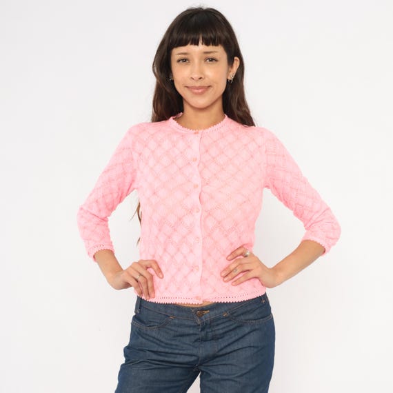 Pink Pointelle Cardigan 70s Lace Knit Cropped Sweater Scalloped Trim Rose Blush Coquette Balletcore Girly Femme Open Weave Extra Small XS