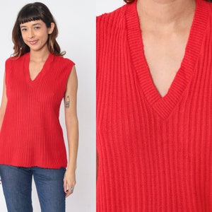 Red Sweater Vest 70s Ribbed Knit Tank Top Sleeveless Pullover V Neck Retro Preppy Knitwear Simple Basic Plain Acrylic Vintage 1970s Large L image 1