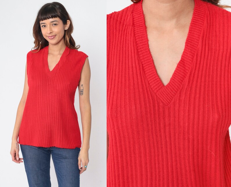 Red Sweater Vest 70s Ribbed Knit Tank Top Sleeveless Pullover V Neck Retro Preppy Knitwear Simple Basic Plain Acrylic Vintage 1970s Large L image 1