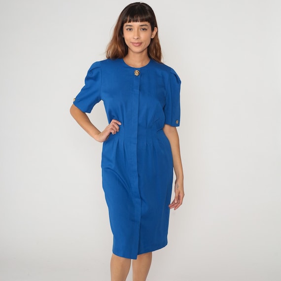 Royal Blue Secretary Dress 90s Puff Sleeve Crew Neck Fitted Waist Pleated Skirt Office Work Professional Day Dress Vintage Medium M