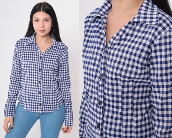 Blue Gingham Shirt 80s Plaid Top Checkered Blouse Long Sleeve Button up 1980s Plaid Princess Seam Collared V Neck Vintage Small S Etsy Canada
