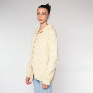 Cable Knit Cardigan 70s 80s Cream Wool Button Up Fisherman Sweater Retro Chunky Bohemian Grandpa Cableknit Pockets Vintage 1980s Large L image 6