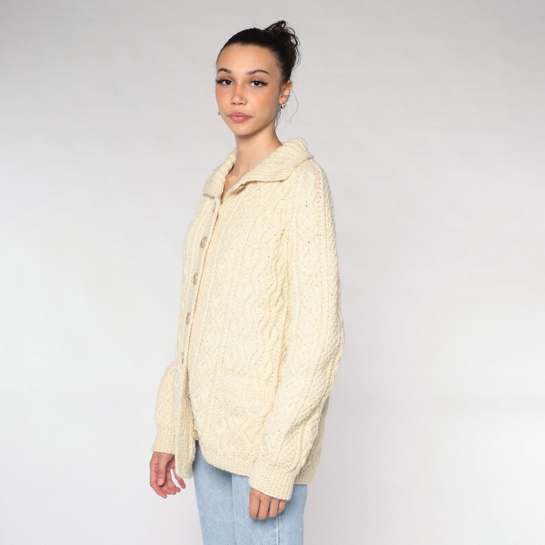 Cable Knit Cardigan 70s 80s Cream Wool Button Up Fisherman Sweater Retro Chunky Bohemian Grandpa Cableknit Pockets Vintage 1980s Large L image 6