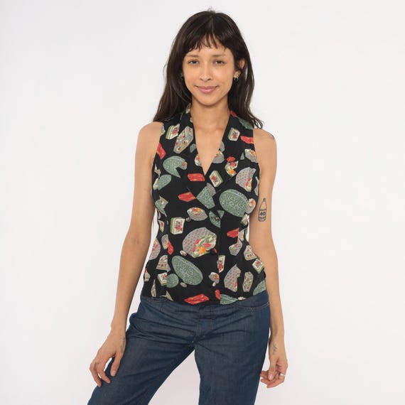 Jewelry Box Print Vest 90s Sleeveless Halter Blouse Black Green Red V Neck Patterned Top Fitted Wrap Style Lapel Collar Vintage Small S