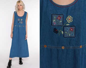 Denim Overall Dress Floral Embroidered 