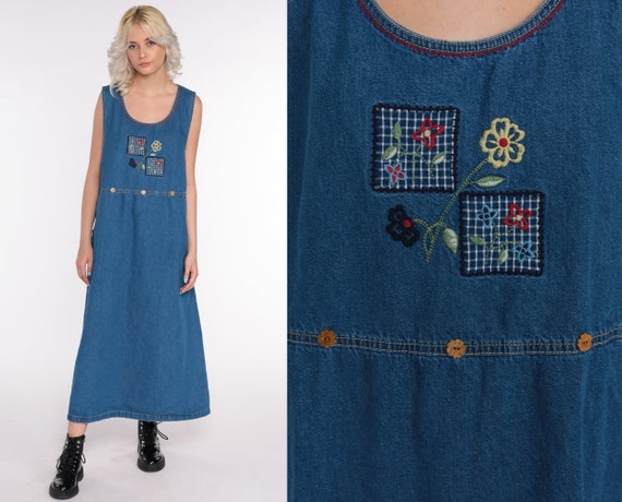 Denim Overall Dress Floral Embroidered 