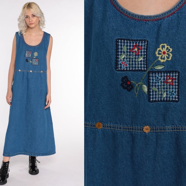 Denim Overall Dress Floral Embroidered Denim Jumper Dress 90s Maxi Jean Dress 1990s Grunge Pocket Blue Vintage Sleeveless Extra Large xl