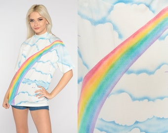 Rainbow Shirt 70s Boho Top Psychedelic Hippie Cloud Bird Print Blouse Groovy Retro Mock Neck Bohemian Short Sleeve Vintage 1970s Large L