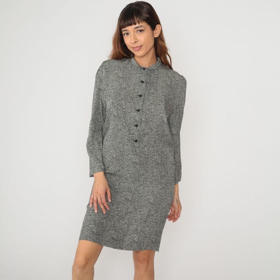 80s Office Dress Button Front Gray Black Long Sleeve Collared Professional Work Business Knee Length Vintage Academic Abstract Mod Large L