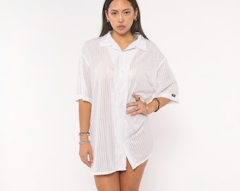 Y2K Sheer Striped Shirt White Semi Transparent Button Front Camp Collar Short Sleeve Beach Cover Relaxed Fit Tunic Top Blouse Plus Size 2X