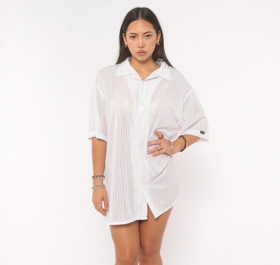 Y2K Sheer Striped Shirt White Semi Transparent Button Front Camp Collar Short Sleeve Beach Cover Relaxed Fit Tunic Top Blouse Plus Size 2X