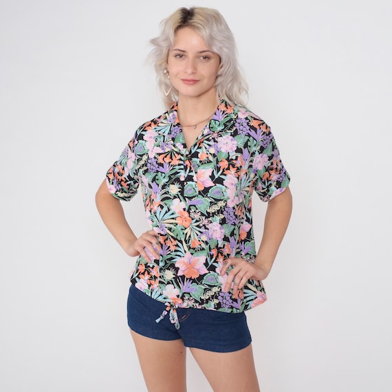 70s Black Floral Blouse Collared V Neck Shirt Retro Boho Flower Print Hippie Bohemian Summer Seventies Tie Waist Vintage 1970s Medium