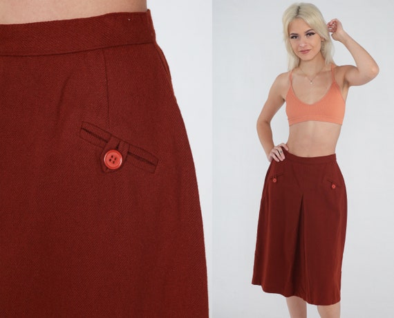 70s Wool Skirt Rust Midi Skirt Pleated High Waisted A Line Retro Secretary Skirt Knee Length Preppy Simple Basic Aline 1970s Vintage Small S