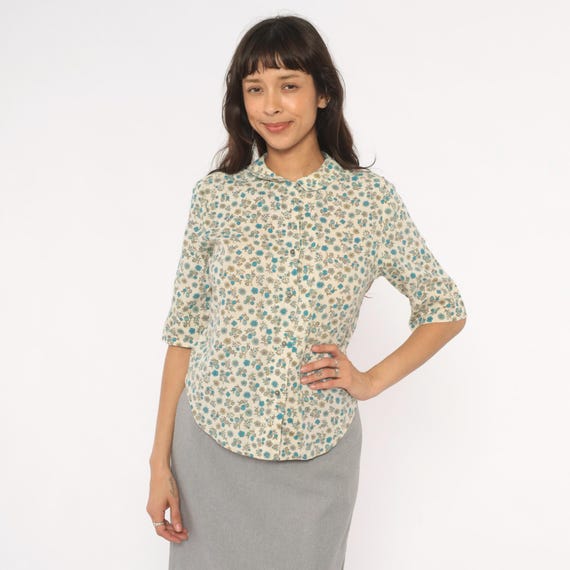 70s Ditsy Floral Blouse Cream Teal Button Front Peter Pan Collar Cotton Elbow Sleeve Prairie Ivory Blue Wildflower Vintage Top Medium M