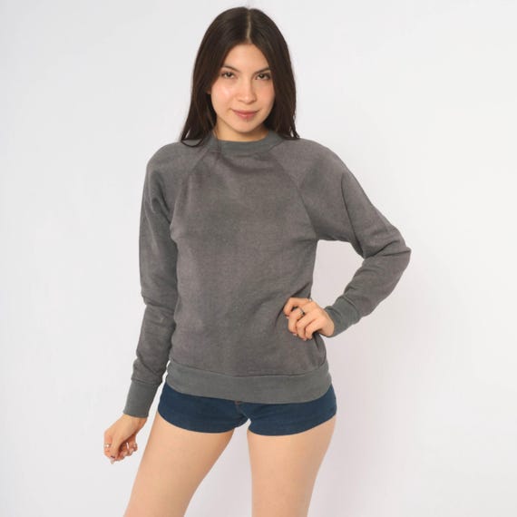 90s Grey Sweatshirt Raglan Sleeve Plain Crew Neck Charcoal Cotton Blend Pullover Normcore Minimalist Heather Gray Womens Extra Small XS