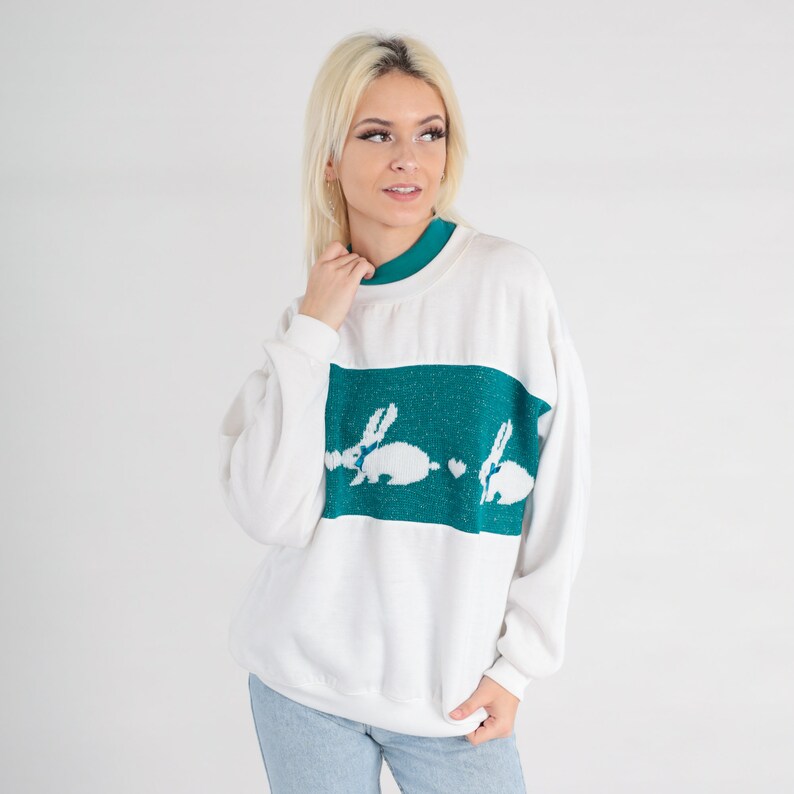 Kanintröja Metallisk kanintröja 80-90-tal Vit blågrön djurtröja Hjärtringad dubbelkrage Grafisk skjorta Kawaii Vintage Stor bild 3
