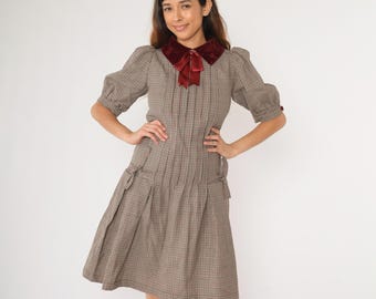 80s Checkered Dress Wool Velvet Collar Midi Dress Red Black Houndstooth Pleated Bow Puff Sleeve Drop Waist Vintage 1980s Extra Small xs