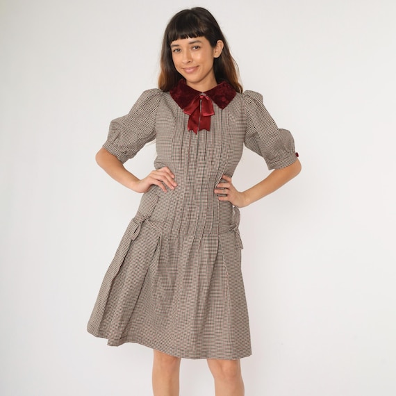 80s Checkered Dress Wool Velvet Collar Midi Dress Red Black Houndstooth Pleated Bow Puff Sleeve Drop Waist Vintage 1980s Extra Small xs