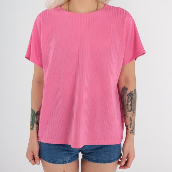 90s Pink Shirt -- Ribbed Polyester Tshirt Plain T… - image 5