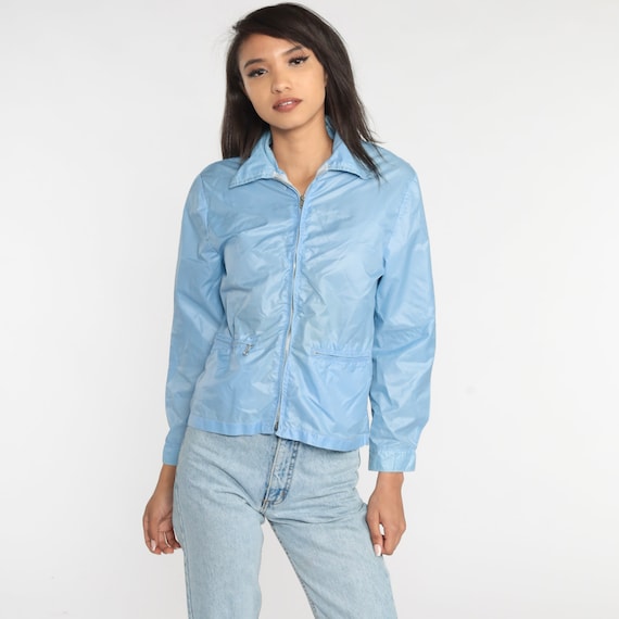 Baby Blue Windbreaker 70s Zip Up Jacket Plain Retro Boho Pastel Nylon Shell Normcore Streetwear Basic Light Vintage 80s Small S