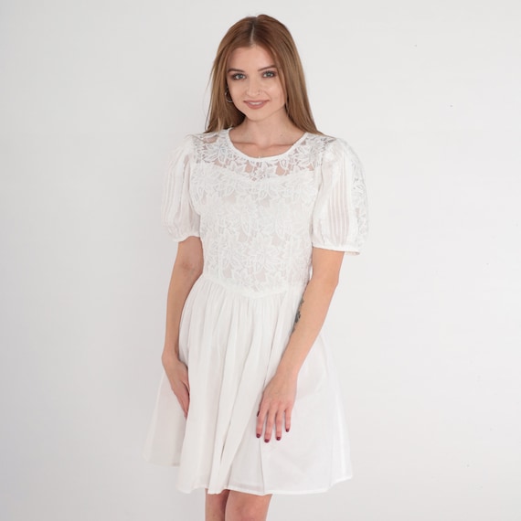 White Lace Dress Y2k Puff Sleeve Mini Dress High Basque Waist Floral Retro Fit and Flare Elopement Boho Bridal Minidress Vintage 00s Small S
