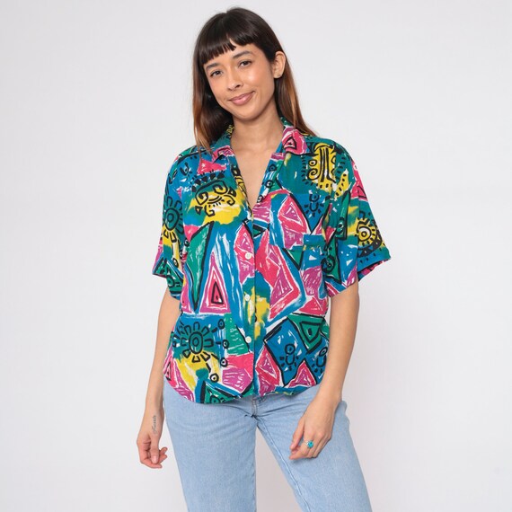 90s Geometric Shirt Celestial Sun Petroglyph Print Top Button Up Abstract Short Sleeve Blue Green Pink Vintage 1990s Large Petite