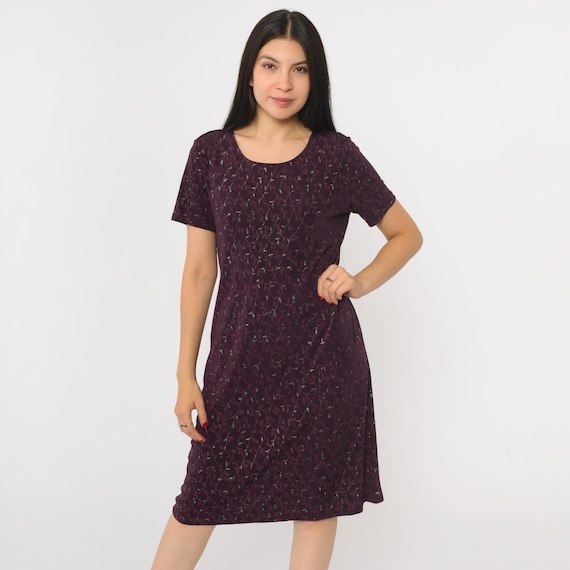 Vintage 90s Glitter Floral Dress Purple Sparkly Dress Grunge Knee Length Bodycon 1990s Y2K Short Sleeve Stretchy Spandex Blend Large L