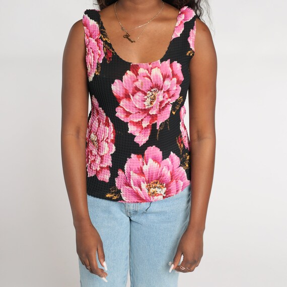 Black Floral Tank Top Y2K Popcorn Texture Blouse Stre… Gem