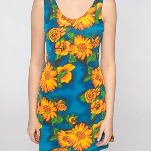 Floral Bodycon Dress Grunge Mini 90s Sheath Sundress Blue Yellow Summer Tight 1990s Body Con Sleeveless MiniDress Small Medium image 8