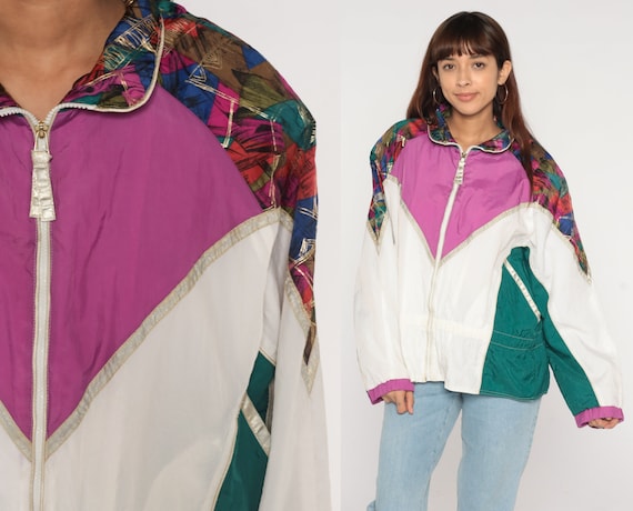 Color Block Windbreaker 90s Abstract Print Zip Up Jacket Retro Purple White Blue Lightweight Shell Streetwear Nylon Vintage 1990s Large L