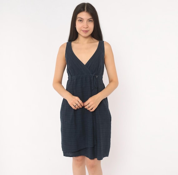 Navy Hemp Wrap Dress Y2K Patagonia Sleeveless V Neck Tie Front Surplice Cotton Sundress Dark Blue A Line Summer Outdoor Casual Small S