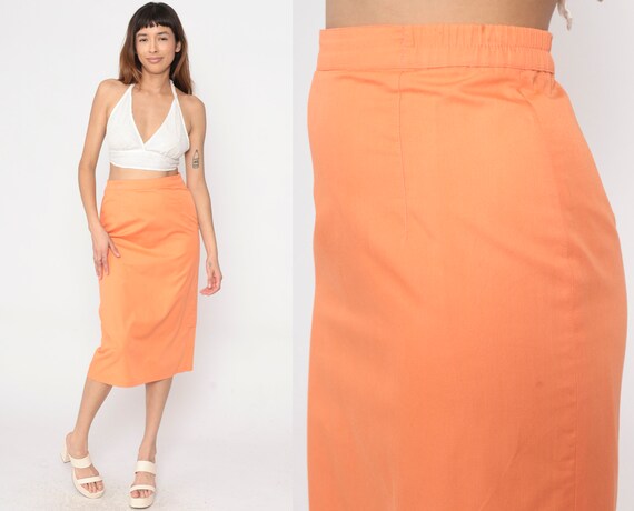 Orange Midi Skirt 80s Pencil Skirt High Waisted Retro Simple Plain Secretary Skirt Kick Pleat Simple Vintage 1980s Small 28
