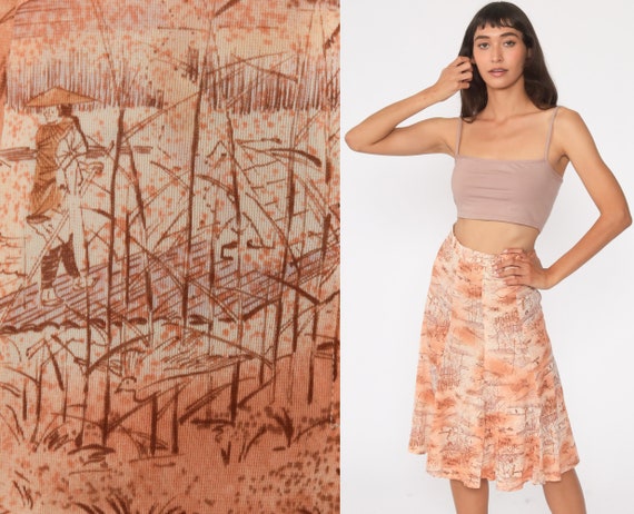 70s Asian Print Skirt Boho Skirt Midi Skirt High W