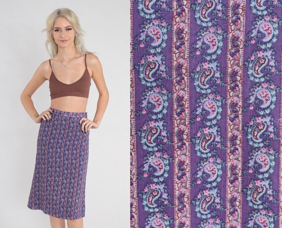 Purple Paisley Skirt 60s Midi Skirt High Waisted Striped Floral Print Pencil Wiggle Skirt Retro Hippie Bohemian Vintage 1960s Extra Small XS