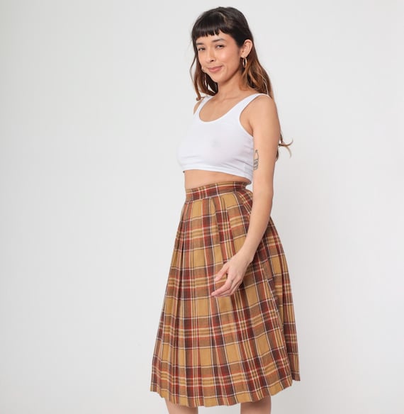 Plaid Midi Skirt 70s Wool Blend School Girl Skirt Tan Checkered Tartan High Waisted Preppy Uniform Brown Retro Vintage 1970s Small S 26