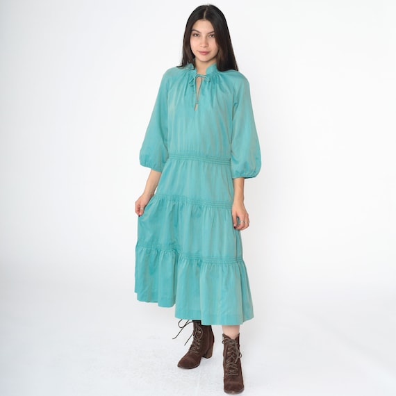 60s 70s Peasant Dress Aqua Blue Tiered Dress Boho Midi 1960s Vintage Bohemian Keyhole Mandarin Collar Long Sleeve Hippie Medium Large