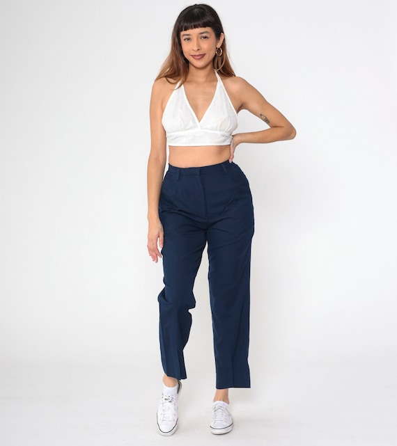 Navy Blue Pants 80s Trousers High Waisted Rise Straight Leg Slacks Basic Plain Minimal Simple Vintage Bending Easy Mervyns 1980s Medium 29