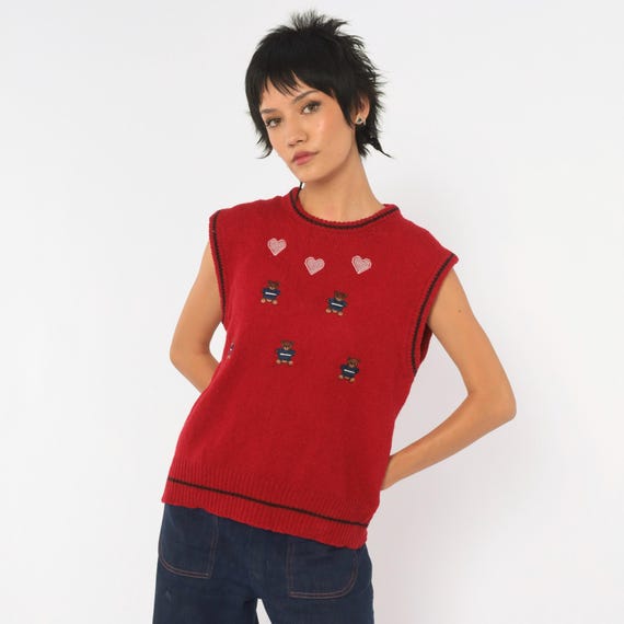 80s Teddy Bear Sweater Vest Red Wool Knit Embroidered Hearts Novelty Pullover Sleeveless Crew Neck Navy JG Hook Vintage Small S