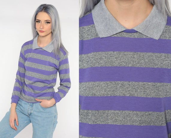 80s Striped Shirt Purple Grey Collared Top Long Sleeve Shirt Retro Tshirt Vintage 1980s Medium