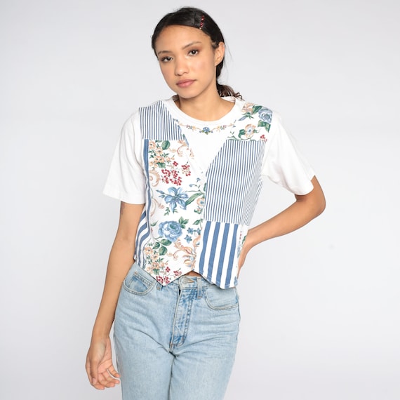 Floral T Shirt 90s Floral Tee White Attached Vest Graphic Tshirt Short Sleeve TShirt Flower Print Shirt 1990s Vintage Small Petite