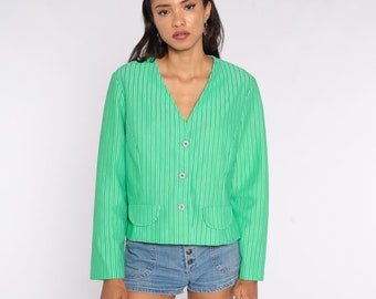 Camisa listrada verde anos 70, camisa blazer, blusa de manga comprida, camisa de poliéster mod, blusa boho, hippie, botões, decote em V, anos 70, grande, L