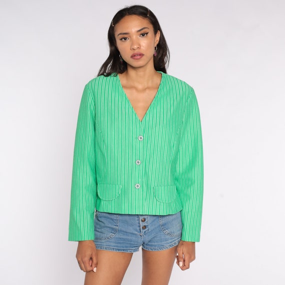 Green Striped Shirt 70s Blazer Shirt Long Sleeve Blouse Mod Polyester Shirt Boho Top Hippie Button Up 1970s V Neck Large L