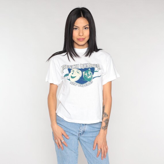 New Orleans Shirt Y2K French Quarter T-Shirt Louisiana Drama Mask Graphic Tee Retro Bourbon St Tourist Travel Top White Vintage 00s Small S