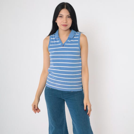 Y2K Tommy Hilfiger Tank Top Striped Blue White Tank Top Collared V Neck Shirt Sleeveless Tank Top 00s Preppy Small S