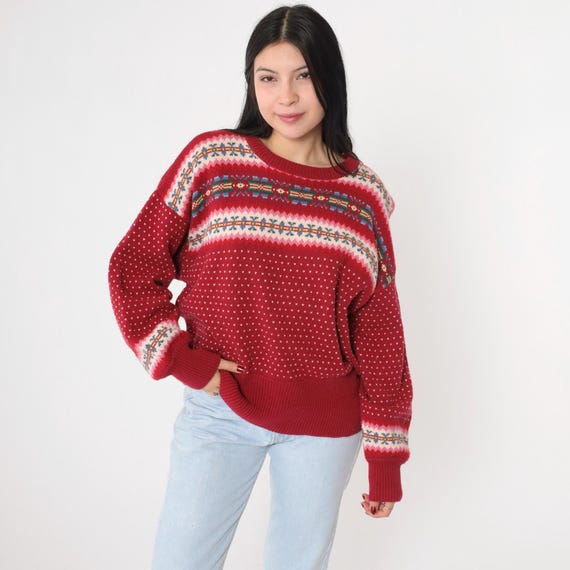 90s Fair Isle Sweater Vintage Susan Bristol Geometric Striped Hearts Pullover Sweater Snowflake Print Knit 1990s Oversized 40 Medium